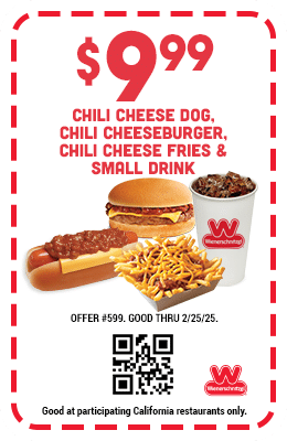 Wienerschnitzel Coupon $9.99 Chili Cheese Dog, Chili Cheeseburger, Chili Cheese Fries & Small Drink #599