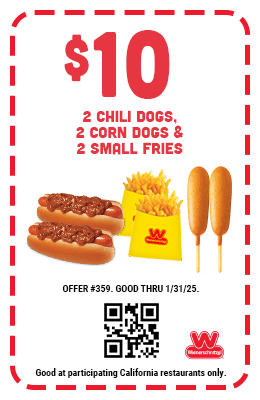 Wienerschnitzel Coupon $10 Two Chili Dogs, Two Corn Dogs, and Two Small Fries. #359